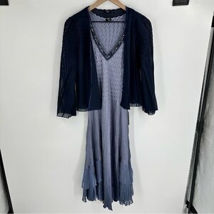 Komarov Charmeuse Crinkle Satin Dress & Jacket Blue Medium Fairy Artsy Beaded